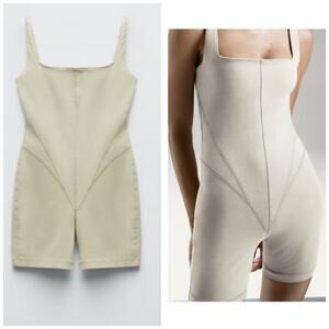 Zara Green Cream Denim Playsuit Size Small Romper Stretch Workout 6045/206/505